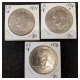 Three Eisenhower US $1 Coins (1971, 1974, 1976)