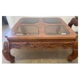 Carved Wood Coffee Table with Glass Insets