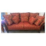 Carved Wood Sofa with Red Patterned Upholstery