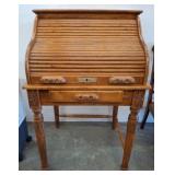 Oak Roll-Top Desk with Drawers and Compartments