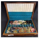 Wooden Jewelry Box With Costume Jewelry Assortment