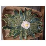 Green Ceramic Leaf Dish with Floral Accent