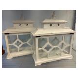 White Painted Wooden and Glass Candle Holder Lante