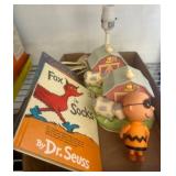 Dr. Seuss Book, Peanuts Figurine, and Farm Lamp
