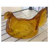 Amber Glass Chicken-Shaped Top Half Covered Dish
