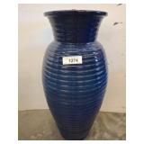 Large Blue Glazed Ceramic Planter, Ribbed Design