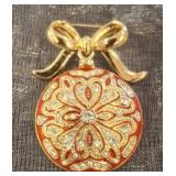 Gold-Tone Ornament Pin With Red Enamel Design