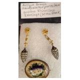 Porcelain Brooch and Goldtone Screwback Earrings