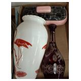 Red Flamingo Vase, Etched Bottle, Pink Dish
