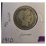 1910 Barber Quarter Silver Coin