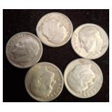 Five U.S. Roosevelt Silver Dimes, Pre-1965