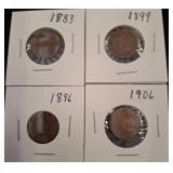 Four U.S. Indian Head Pennies, 1883-1906