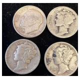Four U.S. Dime Coins, Various Dates