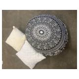 Patterned Pouf and Two Decorative Pillows
