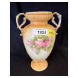 Ceramic Vase with Pink Rose Motif and Handles