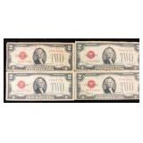 Four 1928 $2 US Red Seal Notes