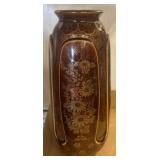 Brown Ceramic Vase with Gold Floral Designs
