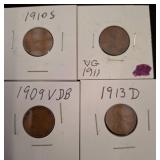 Four Early Lincoln Wheat Cents in Holders