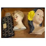 Two Ceramic Busts, Purse, and Decorative Figurine