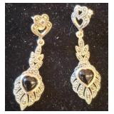 Sterling Silver Drop Earrings w/ Onyx & Marcasite
