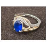 Sterling Silver Ring with Blue Sapphire and CZ Hal