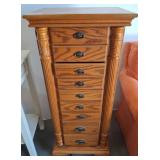 Oak Jewelry Armoire with 8 Drawers and Side Doors