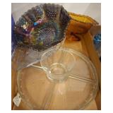 Carnival Glass, Amber Dish, and Glass Tray Set