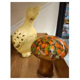 Ceramic Duck and Glazed Mushroom Figurine
