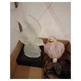 Two Bird Figurine Lamps of Glass and Metal Design