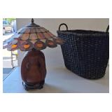 20in Stained Glass Table Lamp and Woven Basket
