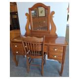 Oak Vanity With Mirror and Cane-Seat Chair