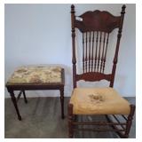Wood Chair and Stool with Needlepoint Seats
