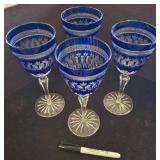 Four Cobalt Blue Cut Glass Goblets