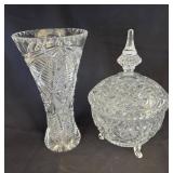 Cut Glass Vase and Lidded Candy Dish Set