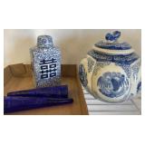 Blue and White Ceramic Ginger Jars and Glass Vases