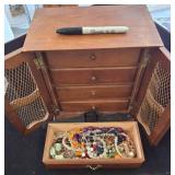Wood Jewelry Box with Assorted Costume Jewelry
