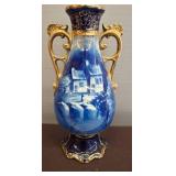 Blue Ceramic Vase with Gold Handles and Scene