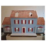 Handcrafted Wooden Dollhouse, Blue and Red Details