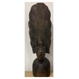 Carved Wooden Bust with Headdress, 12"