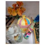 Decor Lot with Glassware, Floral, and Sand Art