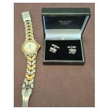 Two-Tone Swiss Watch and Silver Cufflink Set