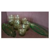 Fostoria Green Glassware Set with Leaf Dishes