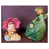 Two Glazed Porcelain Figurines with Umbrella and H