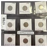 9 Buffalo Nickels From Various Years
