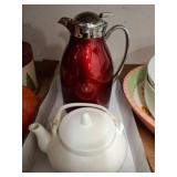 Red Thermal Carafe and White Ceramic Teapot