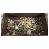Carved Wooden Box with Assorted Jewelry