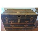 Wood and Metal-Bound Trunk With Hinged Lid