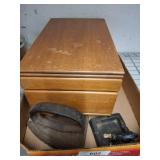 Wood Box, Cast Iron Iron, and Horse Ashtray