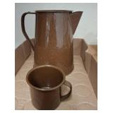 Brown Speckled Enamel Pitcher and Mug Set