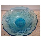 Blue Pressed Glass Bowl with Floral Motif